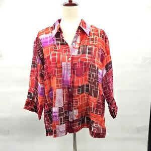 Mirasol‎ Geometric Abstract Design Burnout Red Orange & Purple Blouse X Large
